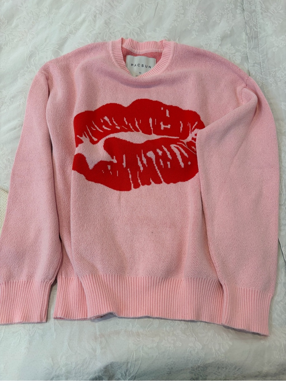PacSun Pink Crewneck Sweater with Red Lip Motif